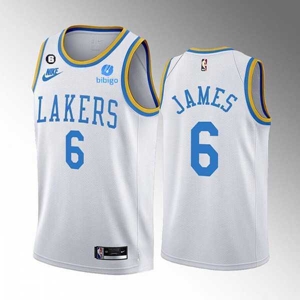 Mens Los Angeles Lakers #6 LeBron James 2022-23 White Classic Edition No.6 Patch Stitched Basketball Jersey Dzhi->los angeles lakers->NBA Jersey